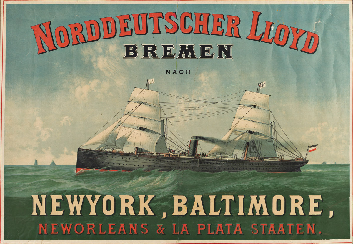 DESIGNER UNKNOWN.  NORDDEUTSCHER LLOYD BREMEN / NEW YORK, BALTIMORE. Circa 1880s. 25½x37 inches, 64¾x84 cm. Mühlmeister, Johler & Braun